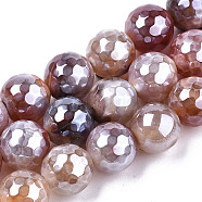 Electroplate Natural Agate Beads Strands, Dyed, Faceted, Pearl Luster Plated, Round, Flamingo, 10.5mm, Hole: 1.2mm, about 36~37pcs/strand, 14.37 inch~14.57 inch(36.5cm~37cm)(G-T131-55-03)