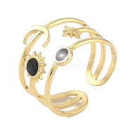 Ion Plating(IP) 304 Stainless Steel Enamel Cuff Finger Rings, Moon Star Sun Wide Open Rings for Women, Real 18K Gold Plated, Adjustable, 14.5mm(RJEW-L107-037G-02)