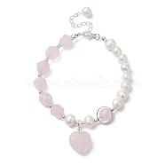 Natural Rose Quartz Heart Charm Bracelet with Natural Pearl Beaded Chains for Women, 7-5/8 inch(19.4~19.5cm)(BJEW-TA00255-02)