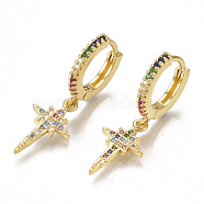 Brass Micro Pave Cubic Zirconia(Random Mixed Color) Dangle Hoop Earrings, Star, Golden, 31mm, Pin: 1mm(EJEW-S201-65)