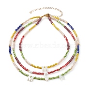 3 Layer Necklaces, Initial Necklace, with Glass Beads, Glass Seed Beads and Natural Shell Letter Beads, Golden, Colorful, 13.58 inch(34.5cm)(NJEW-JN03306)