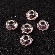 Pink European Style Iron Silver Tone Core Faceted Rondelle Glass Large Hole Beads for DIY Jewelry Bracelets & Necklaces Making, about 13mm wide, 8mm long, hole: 5mm(X-GDA001-65)