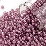 TOHO Round Seed Beads, Japanese Seed Beads, (959F) Pink Lined Crystal Transparent Matte, 8/0, 3mm, Hole: 1mm, about 222pcs/bottle, 10g/bottle(SEED-JPTR08-0959F)
