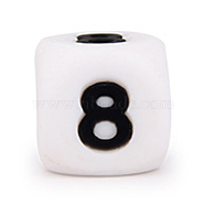 Silicone Beads, for Bracelet or Necklace Making, Black Arabic Numerals Style, White Cube, Num.8, 10x10x10mm, Hole: 2mm(SIL-TAC001-03A-8)