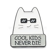 Word Cool Kids Never Die Alloy Brooch, Cat with Sunglasses Lapel Pin for Backpack Clothes, Electrophoresis Black, White, 28x25x1.5mm, Pin: 1.2mm(JEWB-M022-14)