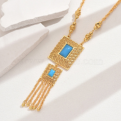 Fashionable Vintage Brass & Resin Imitation Gemstone Tassel Rectangle Pendant Necklaces for Women, Deep Sky Blue, Real 18K Gold Plated, 20.67 inch(52.5cm)(FQ7725-2)