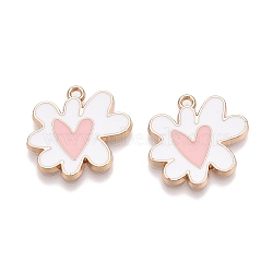 Rack Plating Alloy Enamel Pendants, Golden, Flower with Heart Charm, White, 18.5x20.5x1.5mm, Hole: 1.6mm(ENAM-N056-344E)