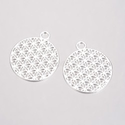 Brass Pendants, Filigree Pendants, Flat Round, Silver Color Plated, 23.5x20x0.6mm, Hole: 3mm(X-KK-D522-01S)