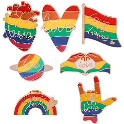 SUNNYCLUE 7Pcs 7 Style Rainbow Color Pride Flag Word Love Enamel Pin, Golden Zinc Alloy Heart & Hand & Planet BroocheS for Backpack Clothes, Colorful, 15~32.2x13~25mm, 1Pc/style(JEWB-SC0001-25)