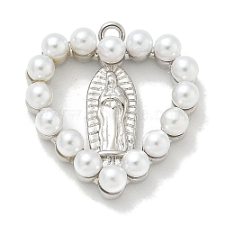 Rack Plating Brass Pendants, with ABS Plastic Pearl, Long-Lasting Plated, Lead Free & Cadmium Free, Heart with Virgin Mary, Platinum, 19.5x18x4.5mm, Hole: 1.5mm(KK-L224-059P)