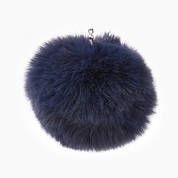 Handmade Faux Rabbit Fur Pom Pom Ball Covered Pendants, Fuzzy Bunny Hair Balls, with Elastic Fiber, Prussian Blue, 55~74mm, Hole: 5mm(X-WOVE-F020-A13)