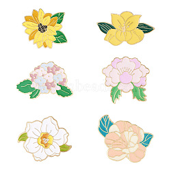 Pandahall 6Pcs 6 Style Flower Enamel Pin, Golden Plated Alloy Badge for Backpack Clothes, Mixed Color, 23~31.5x29.5~43x1.5mm, Pin: 1.2mm, 1pc/style(JEWB-TA0001-13)