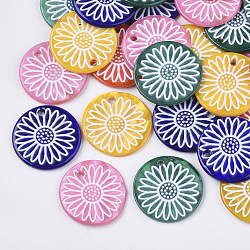 Spray Paint Freshwater Shell Pendants, Printed, Flat Round with Daisy Flower, Mixed Color, 19.5~20.5x2~3mm, Hole: 1.4~1.8mm(SHEL-N026-06A)