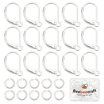 20 Pair Brass Leverback Earring Findings, with Loops & 40Pcs 304 Stainless Steel Open Jump Rings, Real Platinum Plated, 16x12x2mm, Hole: 1.5mm