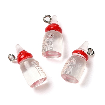 Transparent Resin Pendants, Milk Bottle Charms, with Platinum Tone Zinc Alloy Loops, Red, 20x9mm, Hole: 2mm