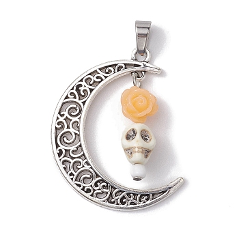 Halloween Synthetic Turquoise Skull Pendants, Alloy Hollow Moon Charms with Resin Rose, Antique Silver, Orange, 41x35x8mm, Hole: 7x4mm