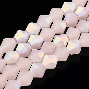 Imitation Jade Bicone Frosted Glass Bead Strands, Half AB Color Plated, Faceted, Lavender Blush, 6x6mm, Hole: 1.2mm, about 45~47pcs/strand, 9.65~9.84 inch(24.5~25cm)