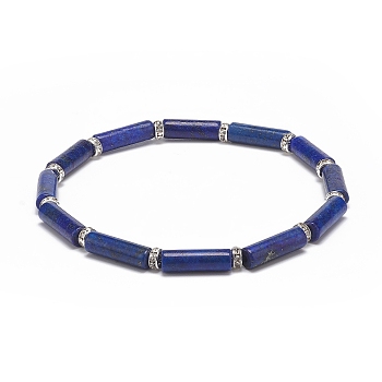 Natural Lapis Lazuli(Dyed) Column Beaded Stretch Bracelet, Gemstone Jewelry for Women, Inner Diameter: 2-1/4 inch(5.6~5.8cm)