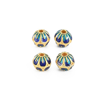 Rack Plating Alloy Enamel Beads, Long-Lasting Plated, Matte Style, Cadmium Free & Nickel Free & Lead Free, Round with Flower, Dark Blue, 7.5x7mm, Hole: 1.6mm