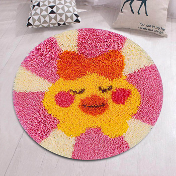 Flat Round Latch Hook Rug Kit, DIY Rug Crochet Yarn Kits, Including Color Printing Screen Section Embroidery Pad, Needle, Acrylic Wool Bundle, Duck Pattern, 450x1.5mm