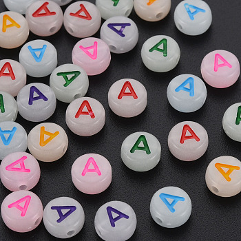 Acrylic Beads, Glow in the Dark, with Enamel and Luminous, Horizontal Hole, Flat Round with Alphabet, Letter.A, 6.5x7x4mm, Hole: 1.6mm, about 3600pcs/500g