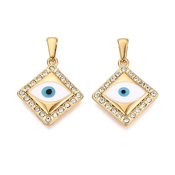 304 Stainless Steel Rhinestone & Enamel Pendants, Rhombus & Evil Eye Charms, Golden, Sky Blue, 26x23x4~5mm, Hole: 8x3mm