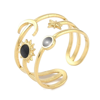 Ion Plating(IP) 304 Stainless Steel Enamel Cuff Finger Rings, Moon Star Sun Wide Open Rings for Women, Real 18K Gold Plated, Adjustable, 14.5mm