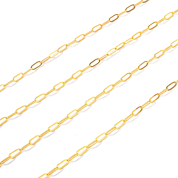 Brass Paperclip Chains, Flat Oval, Drawn Elongated Cable Chains, Soldered, with Card Paper, Cadmium Free & Lead Free, Golden, 7.6x2.6x0.5mm, about 393.7 inch (10m)/card