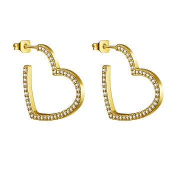 SHEGRACE Brass Micro Pave Grade AAA Cubic Zirconia Stud Earrings, Heart, Real 18K Gold Plated, 25x21mm