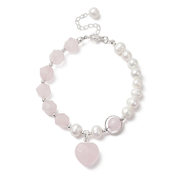 Natural Rose Quartz Heart Charm Bracelet with Natural Pearl Beaded Chains for Women, 7-5/8 inch(19.4~19.5cm)