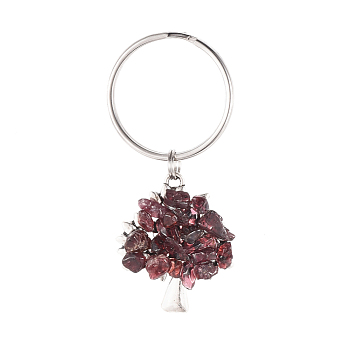 Chip Natural Garnet Keychain, with Antique Silver Plated Alloy Pendants and 316 Surgical Stainless Steel Split Key Rings, Tree, 55mm