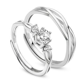 SHEGRACE Adjustable Rhodium Plated 925 Sterling Silver Couple Rings, with Grade AAA Cubic Zirconia, with 925 Stamp, Platinum, Size 9, 19mm, Size 6, 16.6mm