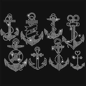 Glass Hotfix Rhinestone, Iron on Appliques, Costume Accessories, for Clothes, Bags, Pants, Anchor & Helm Pattern, 297x210mm