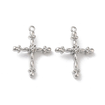 Brass Pendants, Cross with Flower Pattern Charm, Real Platinum Plated, 24x18x6mm, Hole: 1.2mm