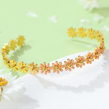 304 Stainless Steel Enamel Flower Open Cuff Bangles for Women, Dark Salmon, Inner Diameter: 2~2-1/2 inch(5.05~6.3cm)