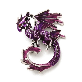 Dragon Enamel Pin Brooches, Antique Silver Alloy Rhinestone Badge for Backpack Clothes, Purple, 56x41x17mm, Hole: 5x3.5mm