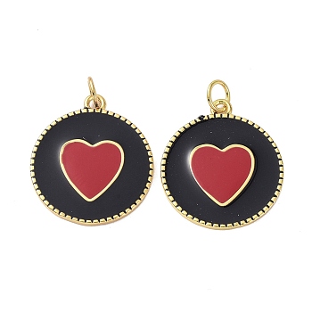 Brass Enamel Pendants, Real 18K Gold Plated, Long-Lasting Plated, Lead Free & Nickel Free & Cadmium Free, Flat Round with Heart, Black, 21x18.5x1.5mm, Jump Ring: 5x0.8mm, 3.5mm Inner Diameter