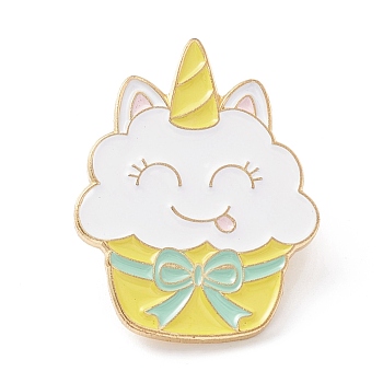 Unicorn Cupcake Enamel Pin, Dainty Food Shape Alloy Enamel Brooch for Backpack Clothes, Golden, Yellow Green, 26x21x9mm