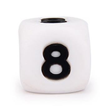 Silicone Beads, for Bracelet or Necklace Making, Black Arabic Numerals Style, White Cube, Num.8, 10x10x10mm, Hole: 2mm