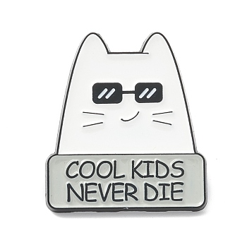 Word Cool Kids Never Die Alloy Brooch, Cat with Sunglasses Lapel Pin for Backpack Clothes, Electrophoresis Black, White, 28x25x1.5mm, Pin: 1.2mm