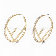 Brass Micro Pave Clear Cubic Zirconia Half Hoop Earrings, Stud Earrings, Nickel Free, Ring, Real 18K Gold Plated, 44.5x2mm, Pin: 0.7mm(KK-S356-144G-NF)