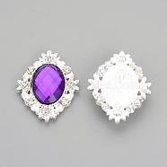 Alloy Rhinestone Flat Back Cabochons, with Acrylic Rhinestone, Oval, Silver Color Plated, Mauve, 32x25x4.5mm(RB-S061-A07)