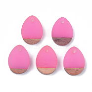 Resin & Walnut Wood Pendants, teardrop, Hot Pink, 17.5x13x4mm, Hole: 1.8mm(RESI-S358-15A)