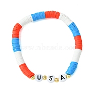 Independence Day Handmade Polymer Clay Beaded Stretch Bracelets, Word USA Acrylic Bracelets for Women, Golden, Inner Diameter: 2 inch(5.2cm)(BJEW-JB10591)