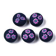 Handmade Polymer Clay Beads, for DIY Jewelry Crafts Supplies, Flat Round with Flower, Midnight Blue, 12x8.5mm, Hole: 1.6mm(CLAY-N008-026A)