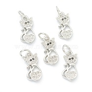 Brass Clear Cubic Zirconia Charms, Long-Lasting Plated, with Jump Ring, Cat, Platinum, 14x7x2mm, Hole: 3.5mm(ZIRC-B010-04P)