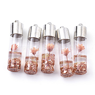 Transparent Glass Bottle Pendants, with Resin & Synthetic Gemstone & Dried Flower Inside, Brass Findings, Platinum, Coral, 44x11mm, Hole: 2mm(X-GLAA-T001-05F)