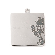 304 Stainless Steel Pendants, Square with Flower Pattern, Stainless Steel Color, 20x18x1mm, Hole: 1.5mm(STAS-P299-09P)