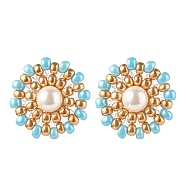 Shell Pearl & Glass Seed Braided Flower Stud Earrings, Golden 304 Stainless Steel Wire Wrap Jewelry for Women, Light Cyan, 19mm, Pin: 0.7mm(EJEW-JE04921-02)