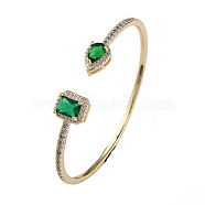 Cubic Zirconia Rectangle and Teardrop Open Cuff Bangle, Real 18K Gold Plated Brass Jewelry for Women, Green, Inner Diameter: 2-3/8 inch(5.9cm)(BJEW-N012-036)